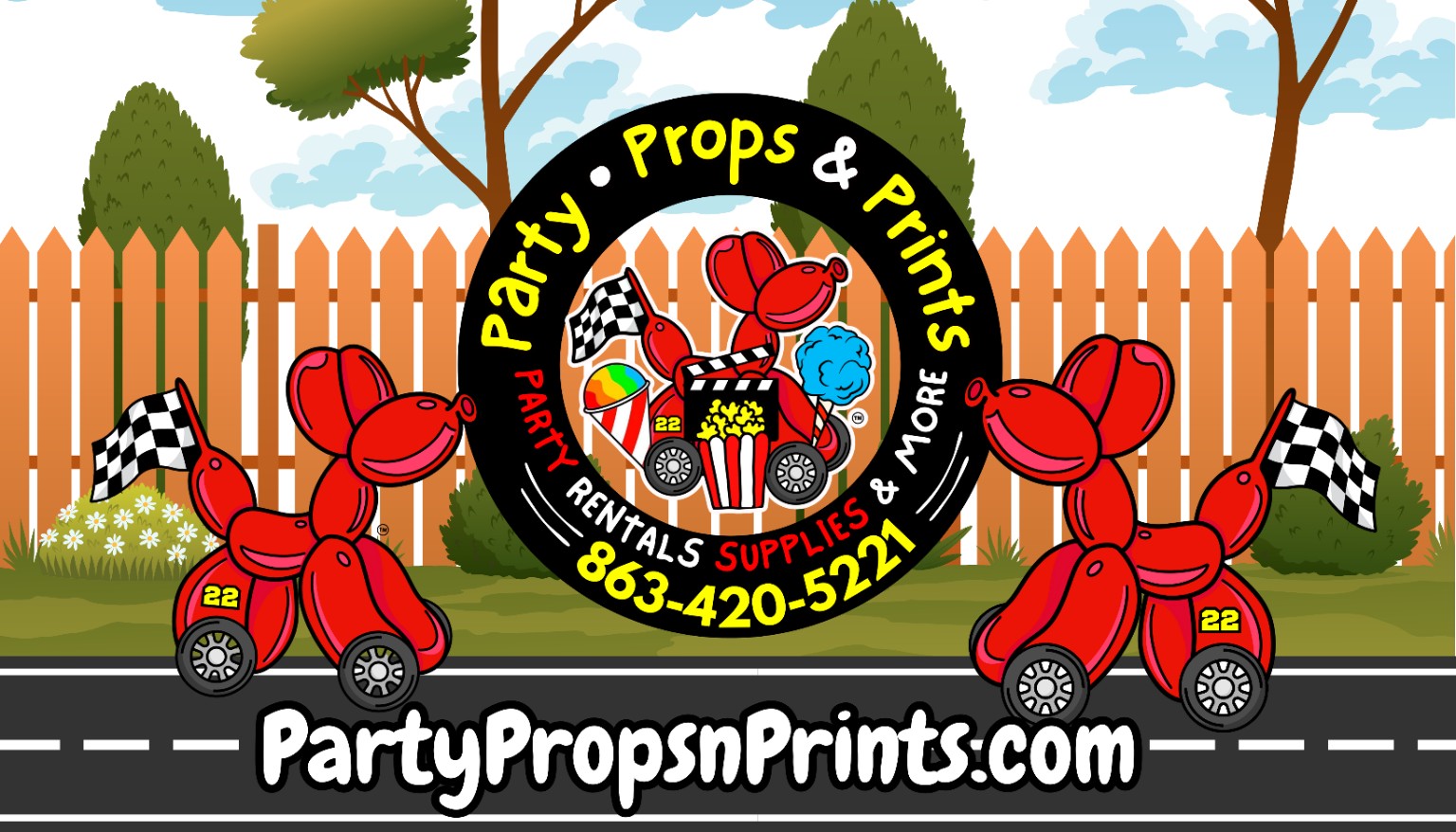 Party Props & Prints LLC party rental banner with balloon dogs, website, and phone number
