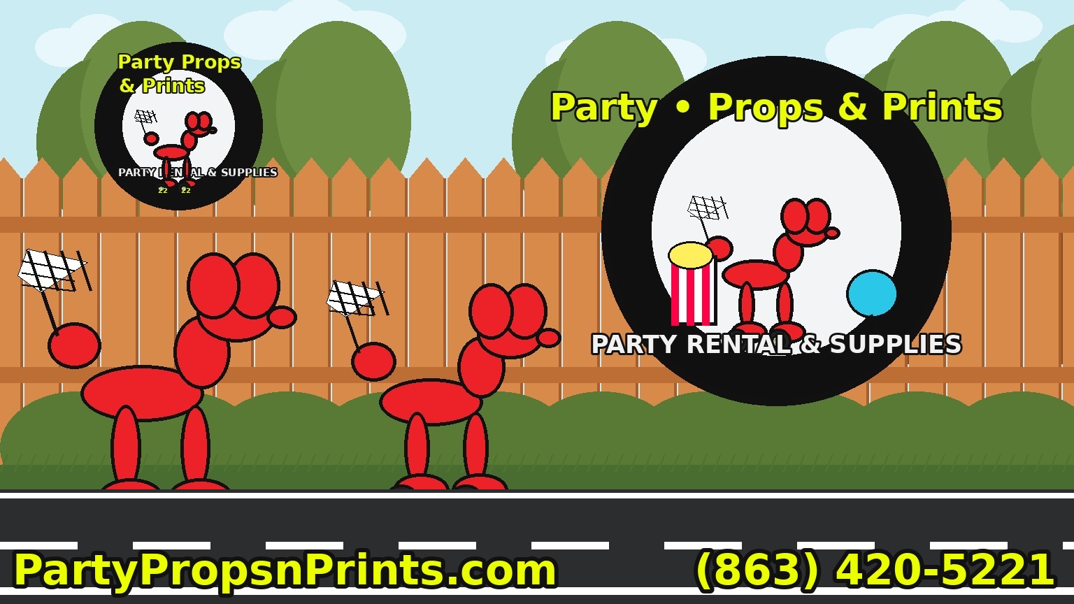Party Props & Prints party rental and supplies banner with phone number and website